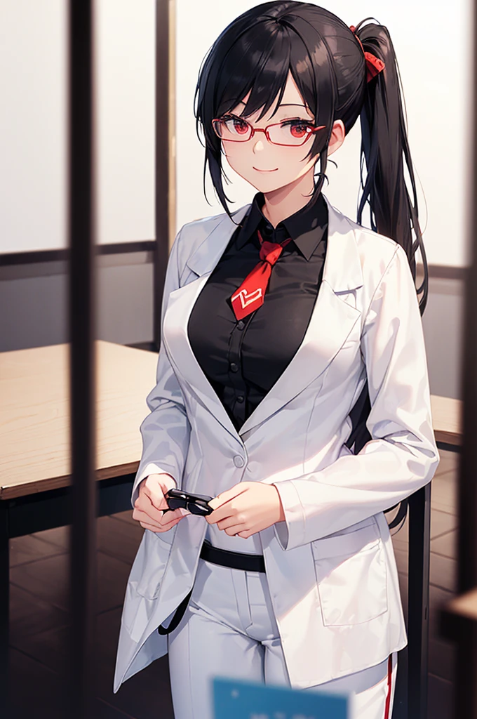 (masterpiece; best quality: 1.2), (finely detailed eyes: 1.3), ((25 year old woman)), ((solo)), (red eyes: 1.4), (body; gorgeous, lithe, femenine: 1.3), (black hair in low-ponytail: 1.3), (beautiful and clear background: 1.2), ((depth of field)), (equipment: white unbuttoned labcoat + black shirt + white tie + white pants + black square glasses: 1.3), (anime illustration: 1.2), (background composition; japanese highschool classroom + furniture: 1.1), (extremely fine and beautiful: 1.1), (shot composition; standing + centered on torso + close-up: 1.5), (expression; calm, smile: 1.2)