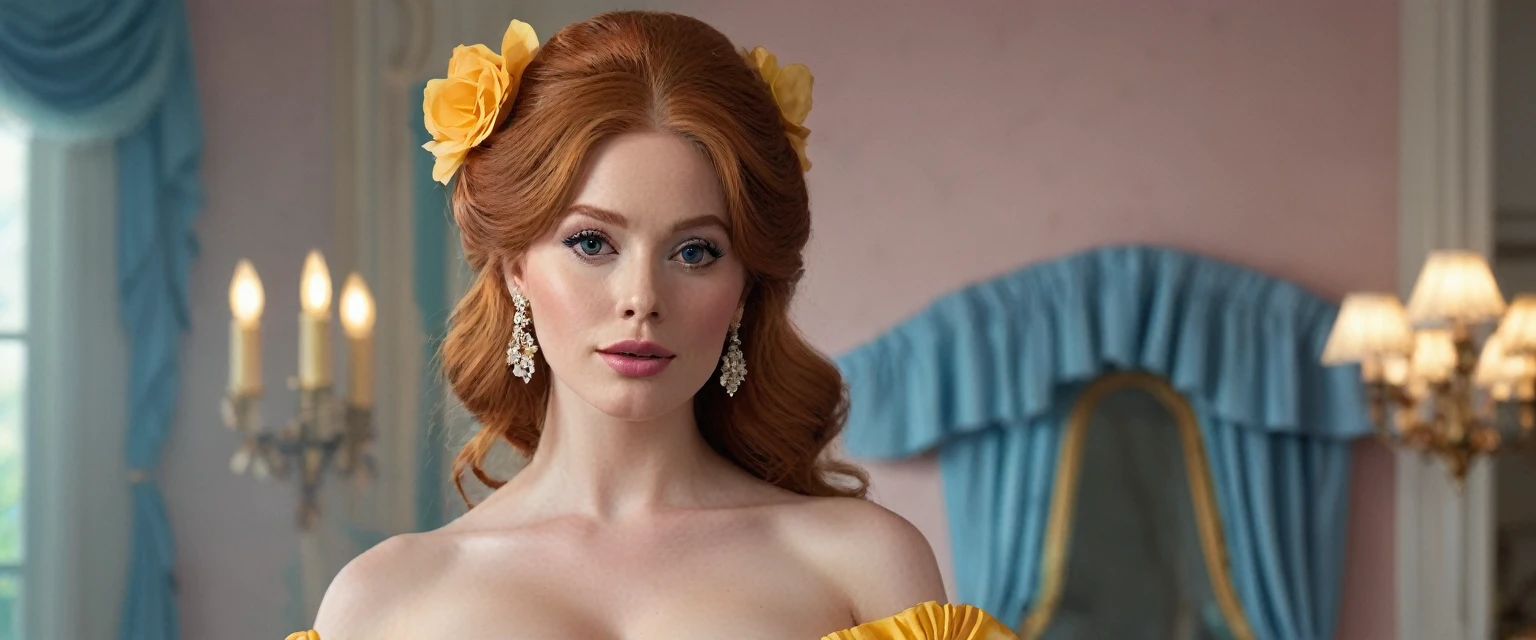 Create imaginative and amazing images demonstrating the style of ((Southern Belle)), hyper realistic, 8k, vibrant colors, sharp crisp image, Ginger hair, large pert breasts, topless, big showing