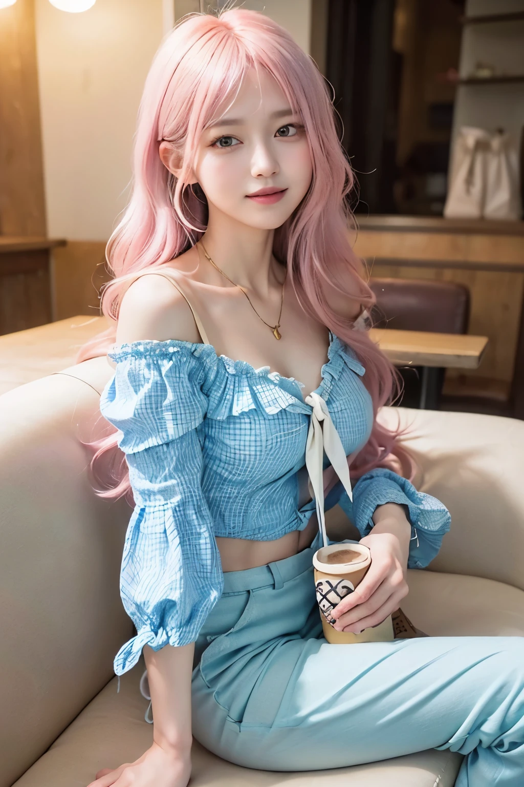 (8K, top-quality, masterpiece:1.2), (reallistic, Photorealsitic:1.37), Super Detail, One girl,), (Highly detailed), (beautifully detailed eyes), (of the highest quality), (super detailed ), (masterpiece), (Detailed face),20yr old, ,1 girl, ((pink hair,long hair)), medium breasts, clothed, Perfect Lighting, BREAK, (light pastel colours:1.2), (soft, natural textures:1.2), (yellow jacket:1.3), (cropped:1.3), (frayed edges:1.3), (white camisole:1.3), (light blue gingham blouse:1.4), (puffed sleeves:1.4), (tie waist:1.4), (high-waisted trousers:1.4), (wide-leg:1.4), (paperbag waist:1.4), (light pink:1.4), (cropped length:1.4), (gold accessories:1.3), (simple necklace:1.3), (strappy sandals:1.3), BRAKE, (upper body and thighs:1.2), (soft waves:1.2), (long pink hair:1.2), (gentle smile:1.3), (face turned left:1.3), (leaning forward:1.3), (holding coffee:1.3), (crossed legs:1.3), (cosy cafe:1.3), (dim lighting:1.3), (warm tones:1.3), BRAKE



