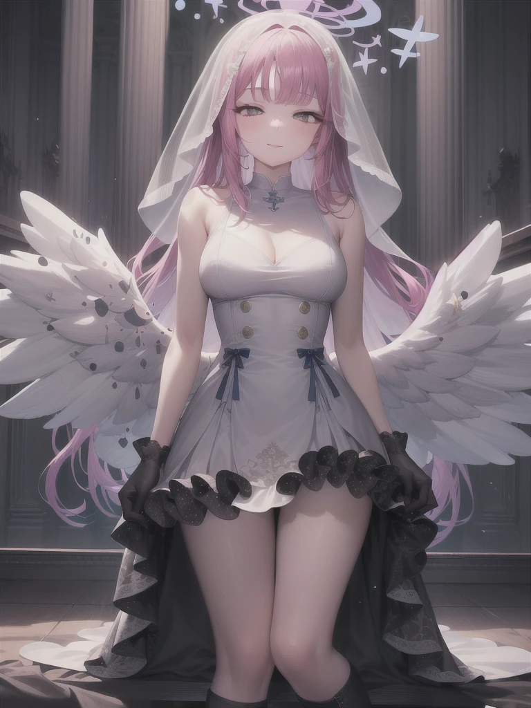 A girl，Long hair, Bangs, Pink hair, Hair between the eyes, s eyes:（1.5),  (Medium breasts:1.2), 
rest  锁骨, Wedding dress，veil，wedding，Black dress，Flowers，The skirt is broken，Black socks，Black knee socks，Black gloves，boots，Cleavage，
Looking at the audience, whole body,
indoors, church，permanent，permanent，Smile，With eyes closed，With eyes closed，
rest (masterpiece:1.2), best quality, high resolution,  8k wallpaper, (illustration:0.8), (美丽细致s eyes:1.6), Extremely detailed face, Perfect lighting, Extremely detailed CG, (Perfect hands, Perfect anatomical structure),