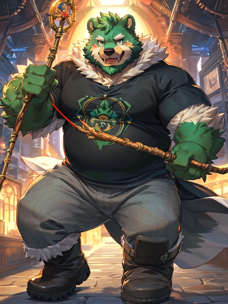anthro, kemono, male, solo, ((round face, very plump face, thick beard)), (((dark beard))), ((endomorph body type, old-aged, mature)), ((green bear, bear) fluffy fur, fluffy), (high quality, highres, masterpiece), (dynamic lighting, vivid color), (generous smile), (face focus), front view (close up), cartoon, (((green bear))), (((green fur))), green hair, beard, white eyebrows, bald, red eyes, tall, (((hold metal staff, black t-shirt inside, white long coat unhood, gray trousers, boots))) by zixiong, by takemoto arashi, by zixiong, (by null-ghost:0.8), (by t.y.stars:0.4),