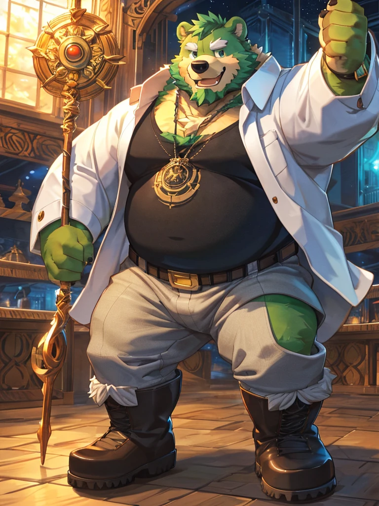 anthro, kemono, male, solo, ((round face, very plump face, thick beard)), (((dark beard))), ((endomorph body type, old-aged, mature)), ((green bear, bear) fluffy fur, fluffy), (high quality, highres, masterpiece), (dynamic lighting, vivid color), (generous smile), (face focus), front view (close up), cartoon, (((green bear))), (((green fur))), green hair, beard, white eyebrows, bald, red eyes, tall, (((hold metal staff, black t-shirt inside, white long coat unhood, gray trousers, boots))) by zixiong, by takemoto arashi, by zixiong, (by null-ghost:0.8), (by t.y.stars:0.4),