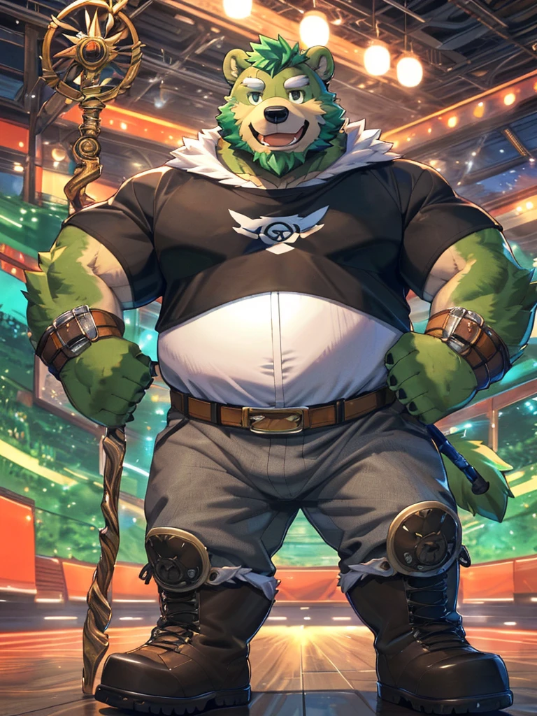 anthro, kemono, male, solo, ((round face, very plump face, thick beard)), (((dark beard))), ((endomorph body type, old-aged, mature)), ((green bear, bear) fluffy fur, fluffy), (high quality, highres, masterpiece), (dynamic lighting, vivid color), (generous smile), (face focus), front view (close up), cartoon, (((green bear))), (((green fur))), green hair, beard, white eyebrows, bald, red eyes, tall, (((hold metal staff, black t-shirt inside, white long coat unhood, gray trousers, boots))) by zixiong, by takemoto arashi, by zixiong, (by null-ghost:0.8), (by t.y.stars:0.4),