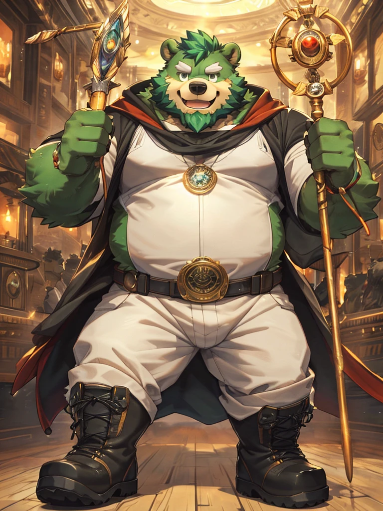 anthro, kemono, male, solo, ((round face, very plump face, thick beard)), (((dark beard))), ((endomorph body type, old-aged, mature)), ((green bear, bear) fluffy fur, fluffy), (high quality, highres, masterpiece), (dynamic lighting, vivid color), (generous smile), (face focus), front view (close up), cartoon, (((green bear))), (((green fur))), green hair, beard, white eyebrows, bald, red eyes, tall, (((hold metal staff, black t-shirt inside, white long coat unhood, gray trousers, boots))) by zixiong, by takemoto arashi, by zixiong, (by null-ghost:0.8), (by t.y.stars:0.4),