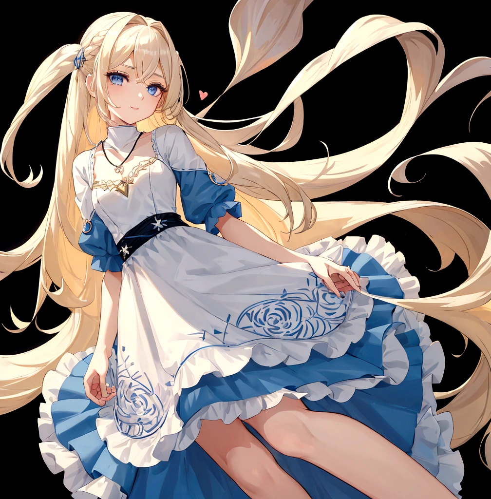 a young woman with long blonde hair and bright blue eyes. She's wearing a blue dress with a white collar and a simple silver necklace. She stands in front of a black background with a neutral expression and a hint of a smile.Her hair is styled straight and falls down her shoulders. She has thin blonde eyebrows and long eyelashes. Her lips are naturally pink. Her dress has a long skirt and short sleeves. Her necklace has a small heart-shaped pendant.