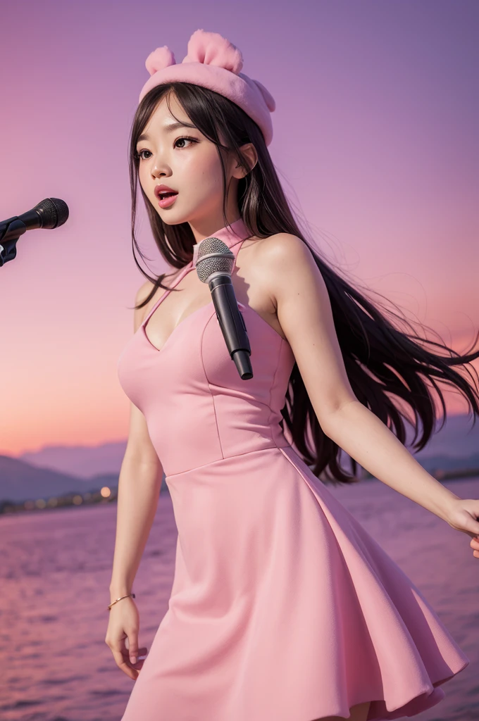 Duck with dress, holding a microphone in front of a pink landscape