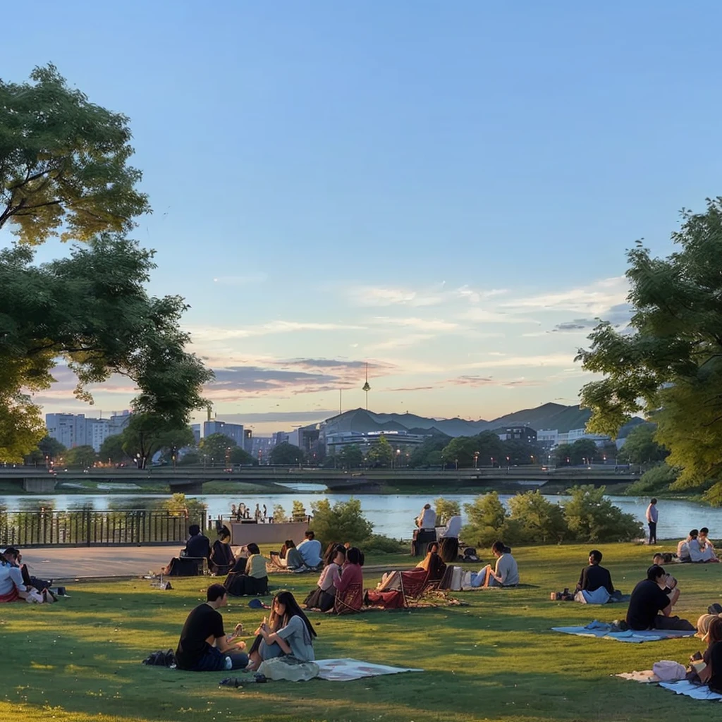 People sitting on the grass in the park near the river, Summer Settings, late summer evening, sangyeob park, park on background, summer evening, artist unknown, Summer Afternoon, seoul, at dusk, summer night, Late evening, at sunset, Writer : Tom Wänerstrand, at dusk!, Taken during golden hour, With the park in the background