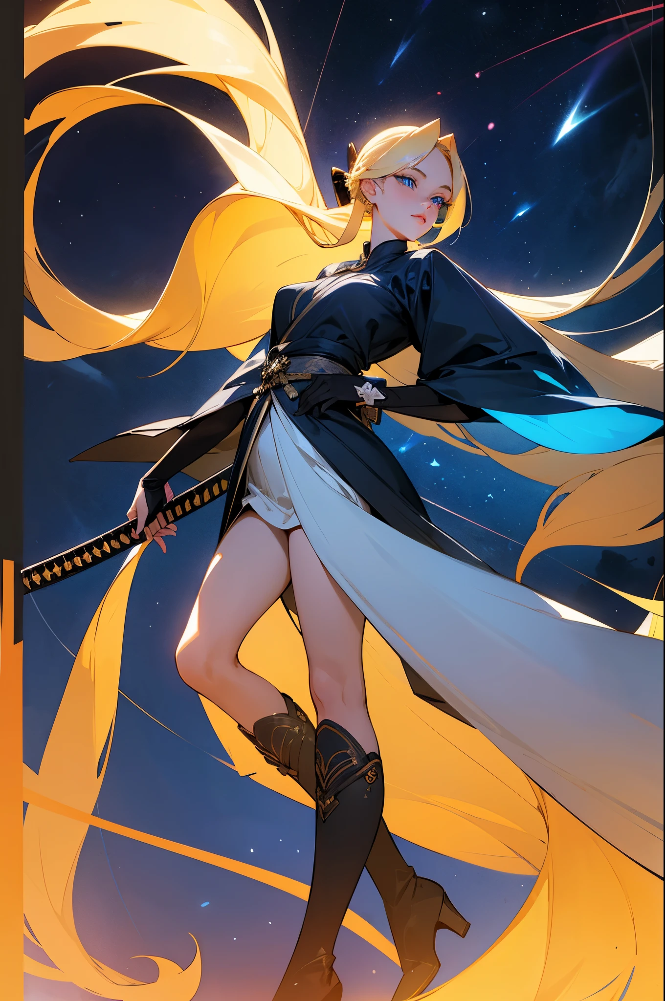 1 girl, ultra long hair, ultra detailed face, glowing lips, glowing blue eyes, very long ponytail, elegant walk, catwalk, holding down a giant katana, blonde, long eyelashes, long boots , looking to the sky, starry sky, a ultra giant katana