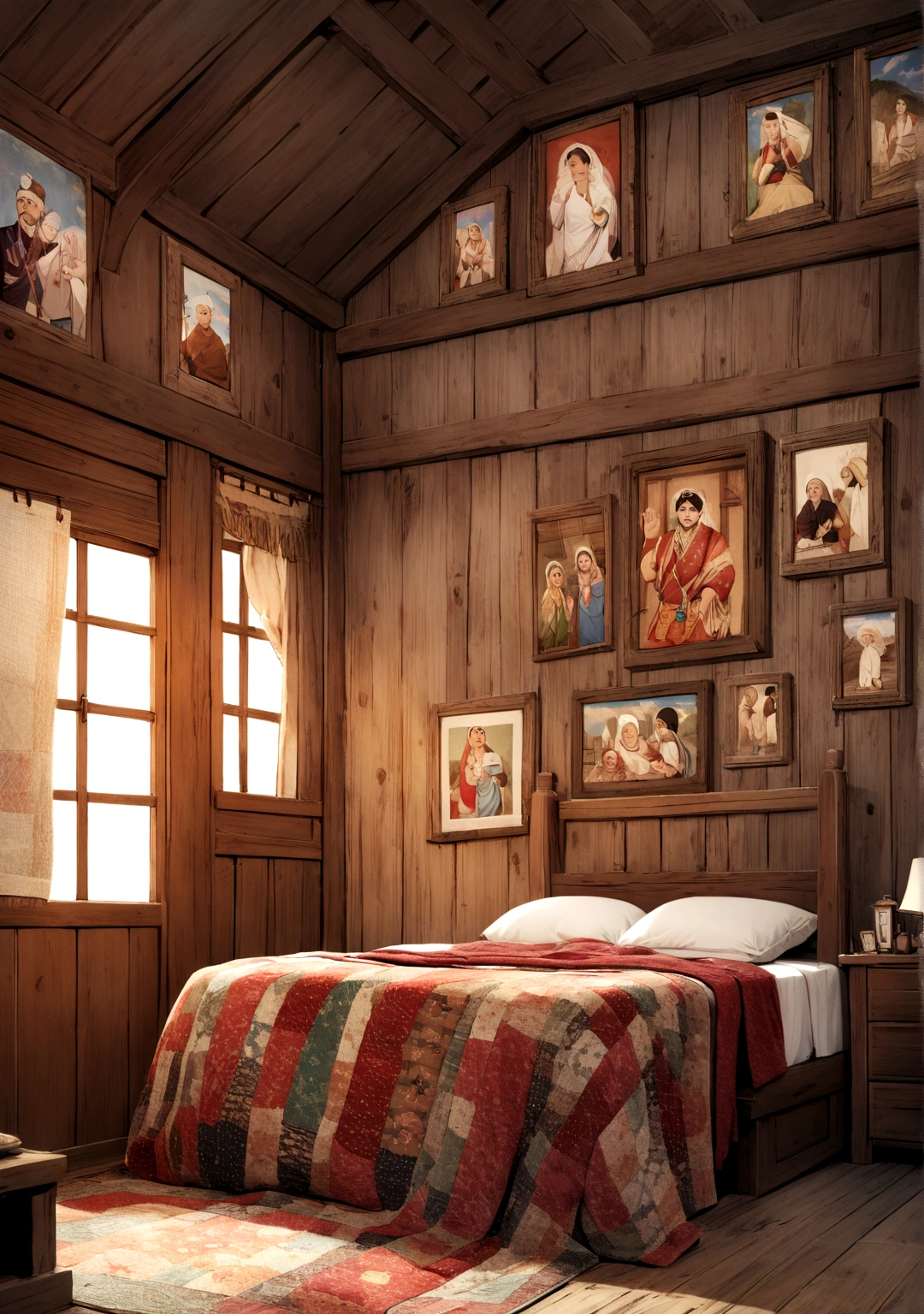 Image Prompt 2:**
   - **Description:** A rustic bedroom in a village home, adorned with handmade quilts and a small wooden nightstand. On the nightstand, there's a framed photograph of Rahul and Geeta, smiling together at a local festival.