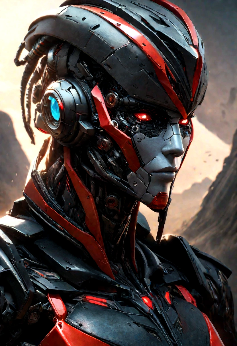Sharpened man in black and red metallic armor with hood, detailed portrait of a cyborg, close-up portrait of cyborg, portrait of a futuristic robot, male cyborg military commander, attractive science fiction face, masculine appearance, portrait of cyborg, Futuristic Setting, portrait of a cyborg, cyborg portrait, portrait of a cyborg cyberpunk, male cyborg, in metallic black futuristic armor, olpntng style, Portrait of the gynoid robot Samus in Wasteland, perfect composition, beautiful detailed intricate insanely detailed octane render Tendências no ArtStation, 8k art photography, photorrealistic concept art, soft natural volumetric cinematic perfect light, Bright dark, rewarded photography, work of art, oil on canvas, perfect composition, beautiful detailed intricate insanely detailed octane render Tendências no ArtStation, 8k art photography, photorrealistic concept art, futuristic setting, soft natural volumetric cinematic perfect light, darkness background