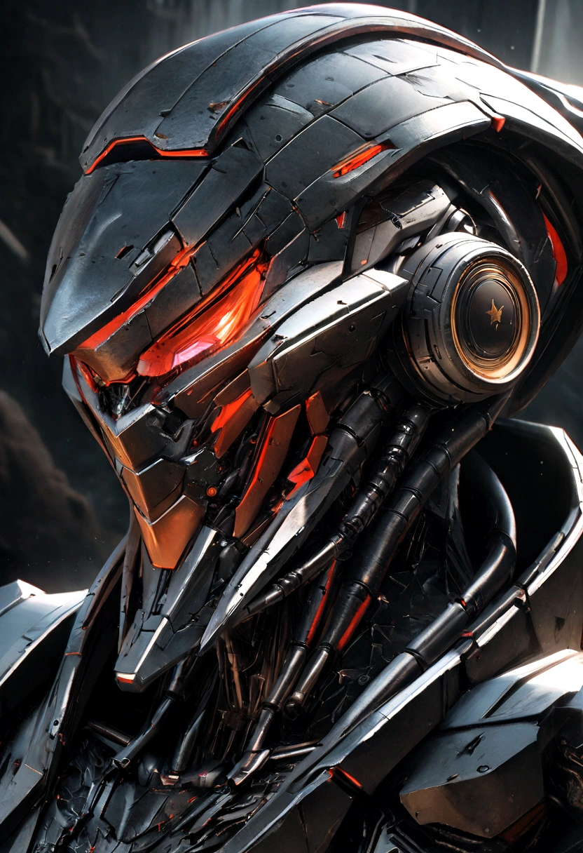 Sharpened man in black and red metallic armor with hood, detailed portrait of a cyborg, close-up portrait of cyborg, portrait of a futuristic robot, male cyborg military commander, attractive science fiction face, masculine appearance, portrait of cyborg, Futuristic Setting, portrait of a cyborg, cyborg portrait, portrait of a cyborg cyberpunk, male cyborg, in metallic black futuristic armor, olpntng style, Portrait of the gynoid robot Samus in Wasteland, perfect composition, beautiful detailed intricate insanely detailed octane render Tendências no ArtStation, 8k art photography, photorrealistic concept art, soft natural volumetric cinematic perfect light, Bright dark, rewarded photography, work of art, oil on canvas, perfect composition, beautiful detailed intricate insanely detailed octane render Tendências no ArtStation, 8k art photography, photorrealistic concept art, futuristic setting, soft natural volumetric cinematic perfect light, darkness background