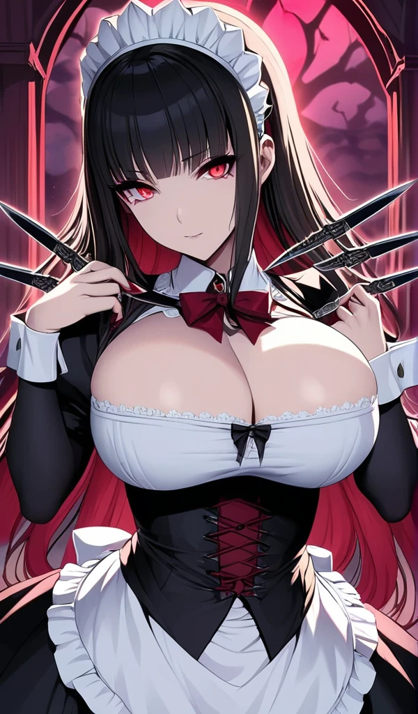 Masterpiece, very detailed, ultra detailed, one, (1 woman), Photo of a woman in a maid costume with detailed killing knives in her hands, beautiful vampire queen, beautiful vampire female queen, with charming eyes, blood red eyes, long black straight hair and straight bangs, with huge breast, around her magic of darkness, vampire, beautiful charming anime woman, ((beautiful fantasy empress)), beautiful female vampire