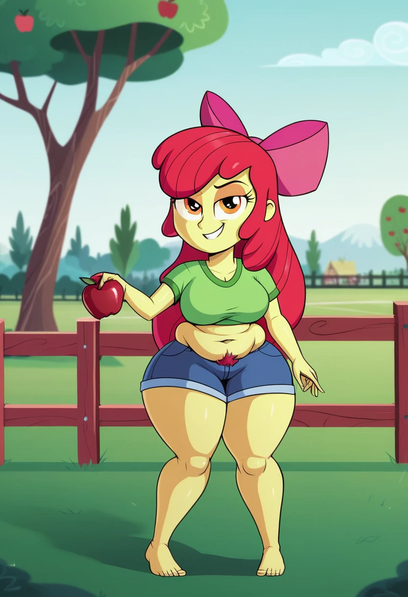 ((High Quality image 10k)) (( perfect autonomy)) Masterpiece, Apple Bloom, cute  face, solo girl, smug grin, ?????, ???????????, massive fat belly, pubic  hair, Really big Feet, barefoot, Apple Bloom Equestria girls, full body, Standing, in the park, Apple Bloom, cuerpo completo, high resolusion