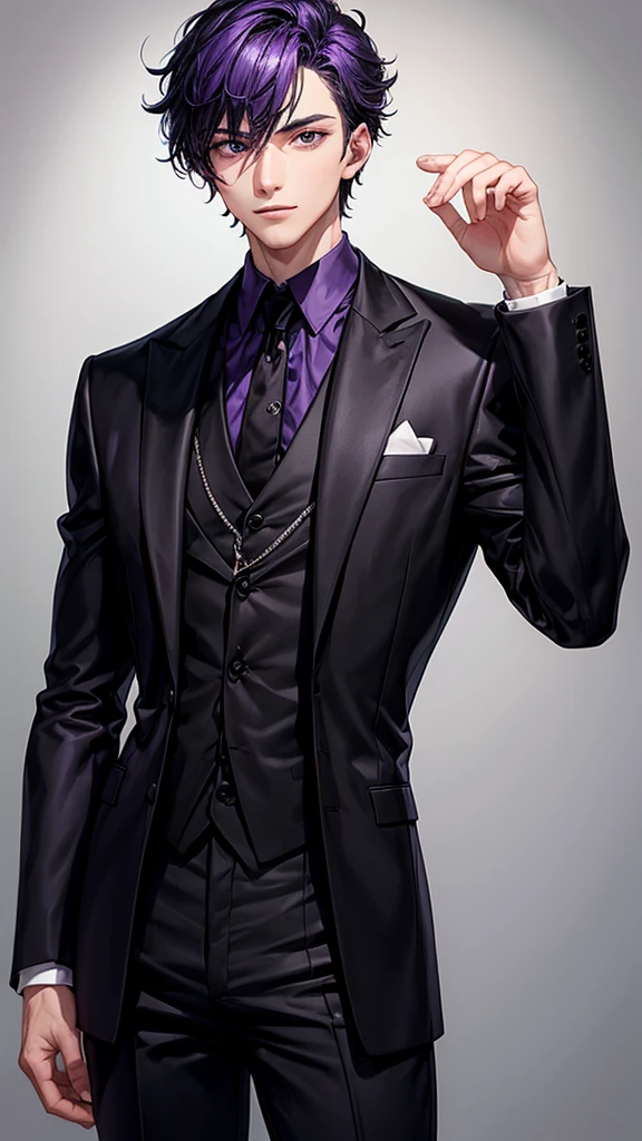 25-year-old purple-skinned man dressed in a handsome Italian custom-made black suit with black eyes and hair 🖤 