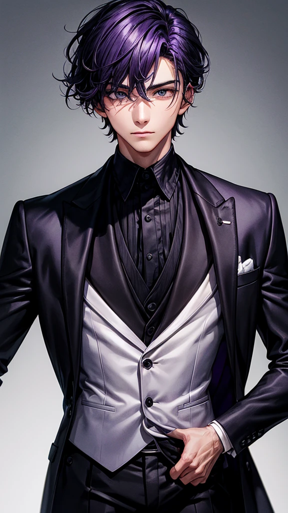 25-year-old purple-skinned man dressed in a handsome Italian custom-made black suit with black eyes and hair 🖤