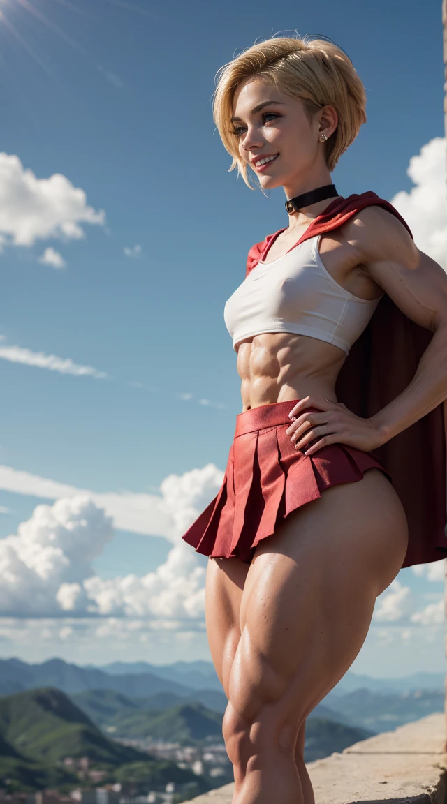 (Muscular:2), (thick thighs:2),
(blonde female:1.3), supergirl, (big smile:1.4), (random haircut:2),
earrings, lipstick, eyeshadow,
(hard nipples:1.2),
(small red cape:1.3), (pleated skirt:1.4), (tanktop, midriff:1.2), choker,
(looking at viewer:1.6), (three quarter view), (upper body view:1.9), (hand behind head),
(floating in midair, sky and clouds background:1.3), rim lighting, two tone lighting, dim lighting, bokeh, detailed skin, detailed eyes