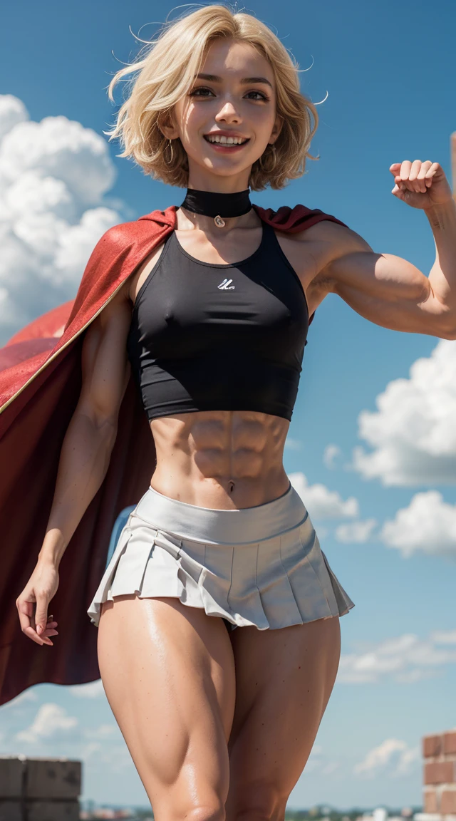 (Muscular:2), (thick thighs:2),
(blonde female:1.3), supergirl, (big smile:1.4), (random haircut:2),
earrings, lipstick, eyeshadow,
(hard nipples:1.2),
(small red cape:1.3), (pleated skirt:1.4), (tanktop, midriff:1.2), choker,
(looking at viewer:1.6), (three quarter view), (upper body view:1.9), (hand behind head),
(floating in midair, sky and clouds background:1.3), rim lighting, two tone lighting, dim lighting, bokeh, detailed skin, detailed eyes