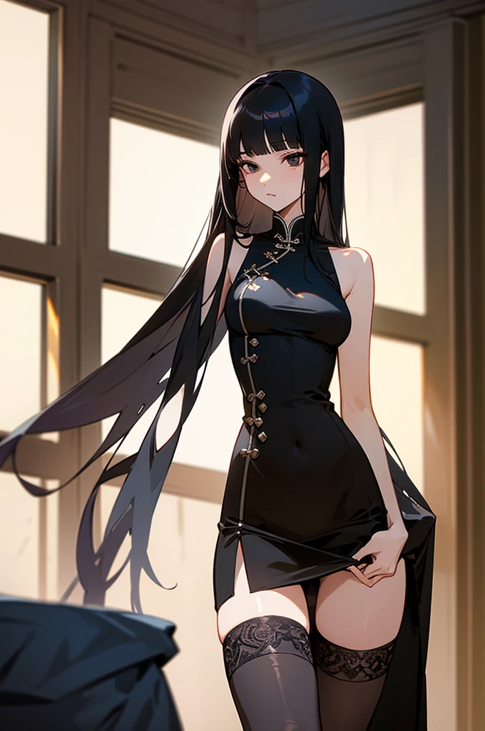 masterpiece, best quality,extremely beautiful detailed anime face and black eyes,extremely detailed illustrations,Perfect Anatomy, 1woman,solo,cowboy shot,20 year old beauty,black hair,long hair,blunt bangs,black eyes ,slender body,ideal ratio body proportions,medium ,Short black Chinese dress、Sleeveless、Deep slit,thigh_gap, black_thighhighs,standing,Simple bedroom、Indoor lighting、simple hotel、