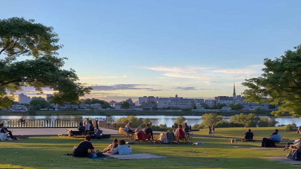 a group of people sitting on the grass in a park near a river, late summer evening, peaceful summer evening scene, people relaxing in a park, beautiful summer sunset over a park, city park scene at golden hour, people enjoying a summer evening in a city park, tranquil summer evening in a city park, serene park landscape at sunset, people relaxing in a city park as the sun goes down, detailed realistic park scene at golden hour, highly detailed realistic park scene with people, cinematic summer evening in a city park, extremely detailed and realistic summer park scenery, vivid and photorealistic summer park scene, beautiful late summer evening park landscape, extremely detailed and lifelike city park at sunset, detailed and immersive city park scene in the golden hour, high quality and realistic summer park dusk landscape