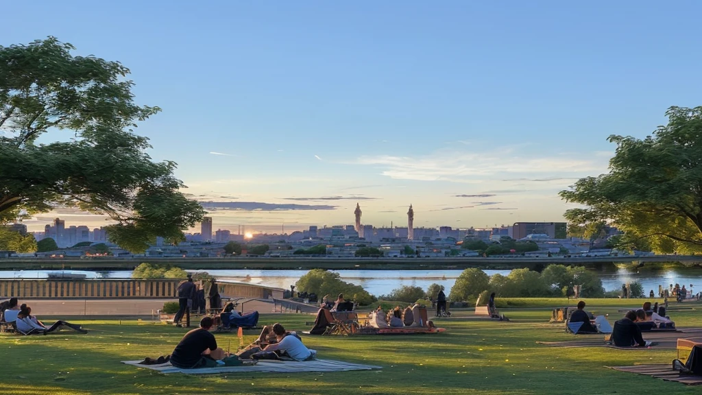 a group of people sitting on the grass in a park near a river, late summer evening, peaceful summer evening scene, people relaxing in a park, beautiful summer sunset over a park, city park scene at golden hour, people enjoying a summer evening in a city park, tranquil summer evening in a city park, serene park landscape at sunset, people relaxing in a city park as the sun goes down, detailed realistic park scene at golden hour, highly detailed realistic park scene with people, cinematic summer evening in a city park, extremely detailed and realistic summer park scenery, vivid and photorealistic summer park scene, beautiful late summer evening park landscape, extremely detailed and lifelike city park at sunset, detailed and immersive city park scene in the golden hour, high quality and realistic summer park dusk landscape