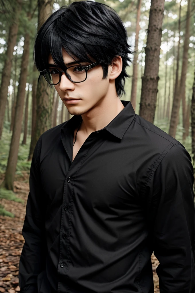 Anime boy , hair colour black , wearing black outfit, hair texture massy, wearing glasses black , hunter eyes , facial expressions good , walking on forest