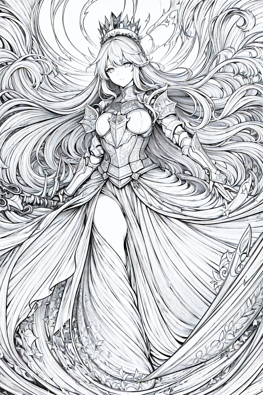 (masterpiece), hres, high quality, 4k, unity render, 1girl, solo, lineart, (monochrome:1.2), intrincate detailed,Proud white long hair,Thorny Crown,Holding a knight's spear,Dirty clothing,dazzle light,Flying noise,