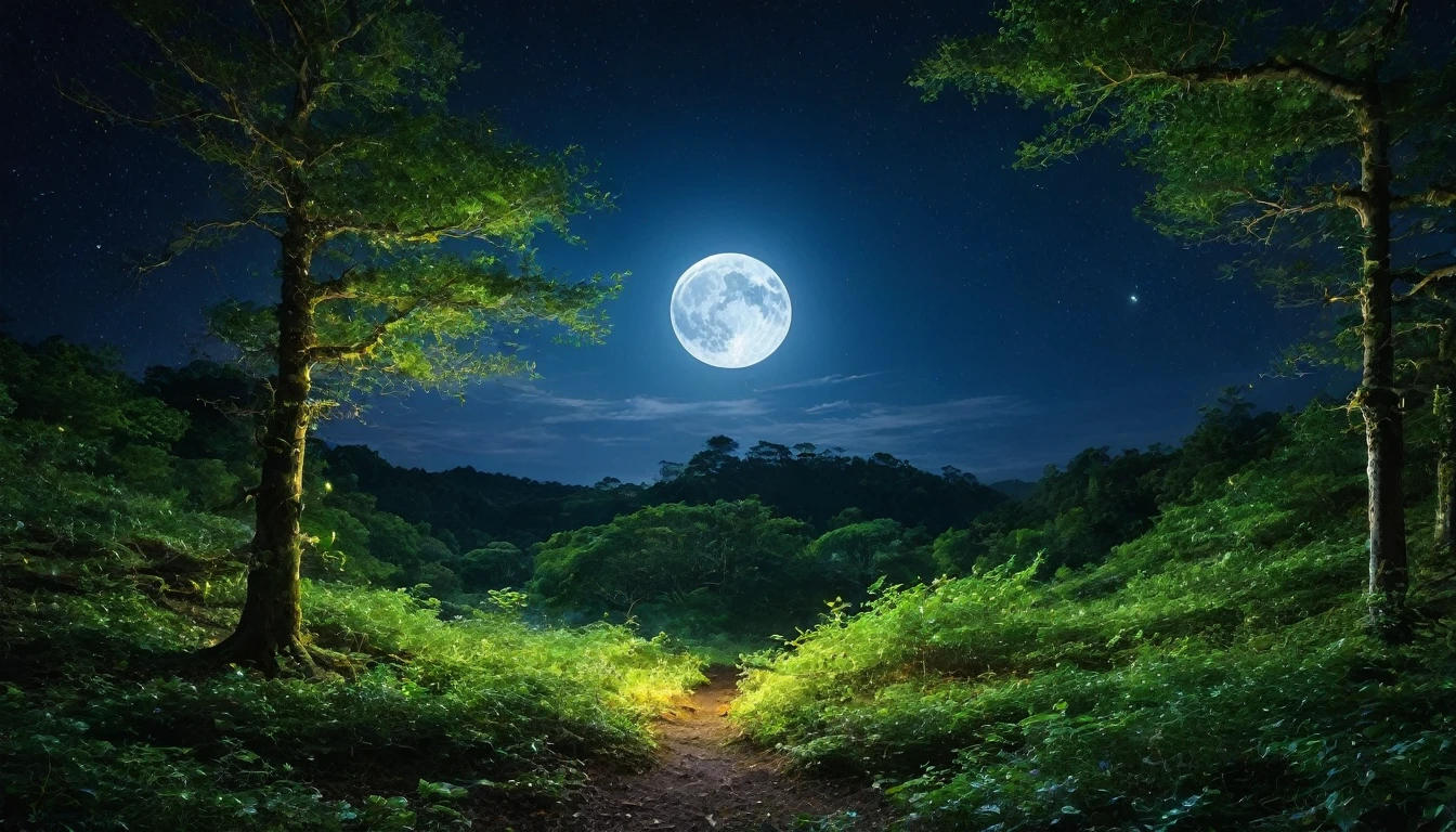 Magical Forest The full moon shines on the forest at night.、wood々There are countless fairy lights shining in。Ancient ruins are hidden deep in the forest.、Magical lights flicker in the air。