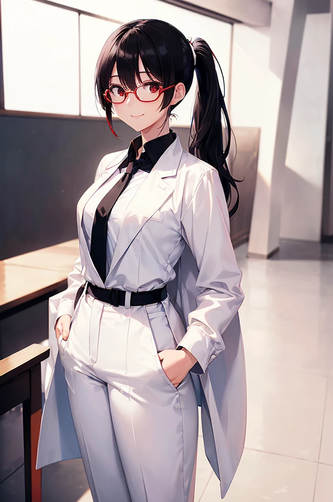 (masterpiece; best quality: 1.2), (finely detailed eyes: 1.3), ((25 year old woman)), ((solo)), (red eyes: 1.4), (body; gorgeous, lithe, femenine: 1.3), (black hair in low-ponytail: 1.3), (beautiful and clear background: 1.2), ((depth of field)), (equipment: white unbuttoned labcoat + black shirt + white tie + white pants + black square glasses: 1.3), (anime illustration: 1.2), (background composition; japanese highschool classroom + furniture: 1.1), (extremely fine and beautiful: 1.1), (shot composition; standing + centered on torso + close-up: 1.5), (expression; calm, smile: 1.2)