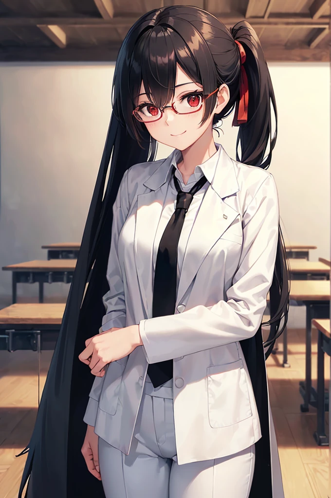 (masterpiece; best quality: 1.2), (finely detailed eyes: 1.3), ((25 year old woman)), ((solo)), (red eyes: 1.4), (body; gorgeous, lithe, femenine: 1.3), (black hair in low-ponytail: 1.3), (beautiful and clear background: 1.2), ((depth of field)), (equipment: white unbuttoned labcoat + black shirt + white tie + white pants + black square glasses: 1.3), (anime illustration: 1.2), (background composition; japanese highschool classroom + furniture: 1.1), (extremely fine and beautiful: 1.1), (shot composition; standing + centered on torso + close-up: 1.5), (expression; calm, smile: 1.2)
