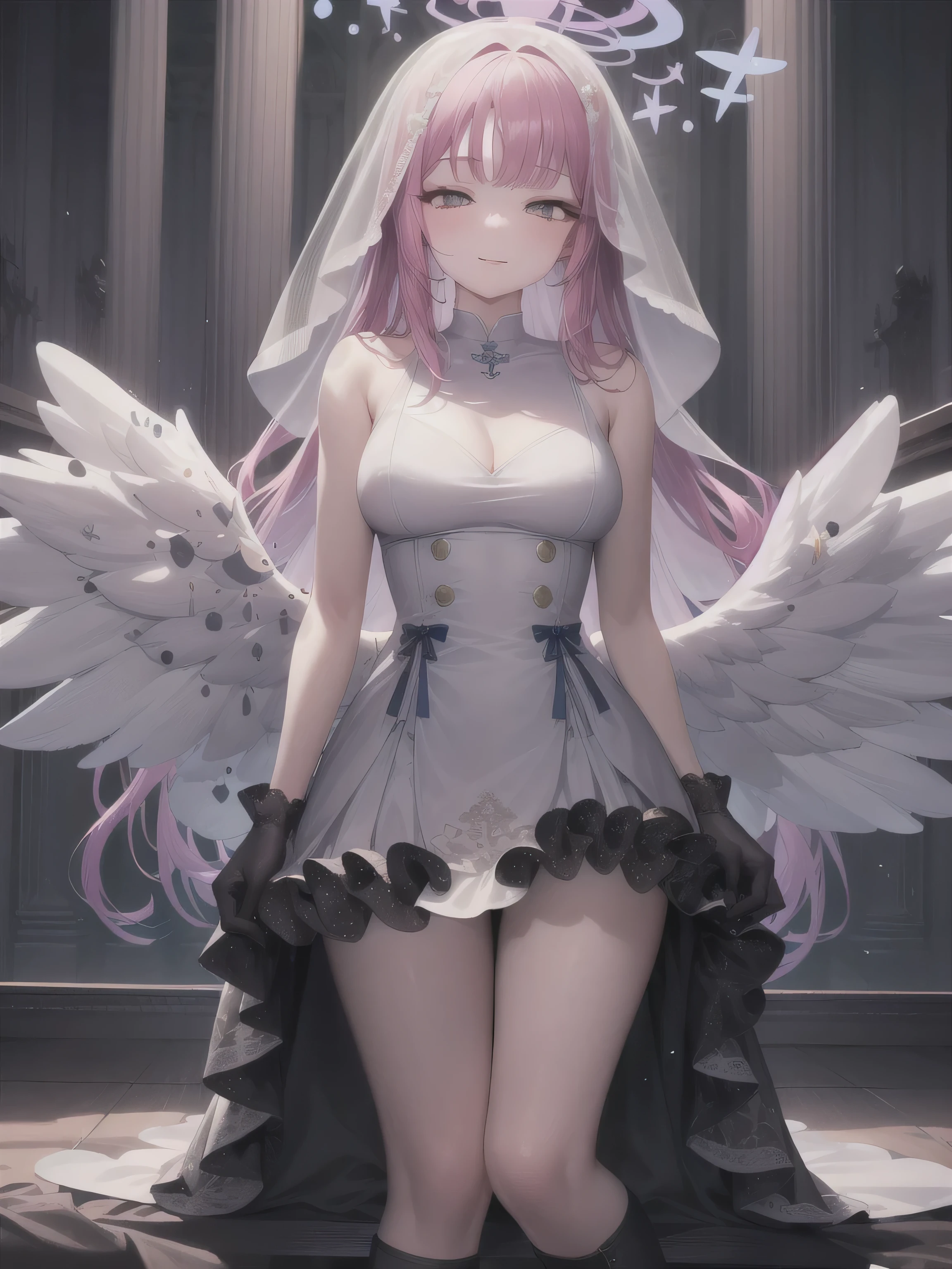 A girl，Long hair, bangs, Pink hair, Hair between the eyes, s eyes:（1.5),  (Medium breasts:1.2), 
rest clavicle, Wedding dress，Veil，wedding，Black dress，Flowers，The skirt is broken，Black socks，Black knee socks，Black gloves，boots，Cleavage，
Looking at the audience, whole body,
indoors, church，permanent，permanent，Smile，With eyes closed，With eyes closed，
rest (masterpiece:1.2), best quality, high resolution,  8k wallpaper, (illustration:0.8), (Beautiful and delicate eyes:1.6), Extremely detailed face, Perfect lighting, Extremely detailed CG, (Perfect hands, Perfect anatomical structure),