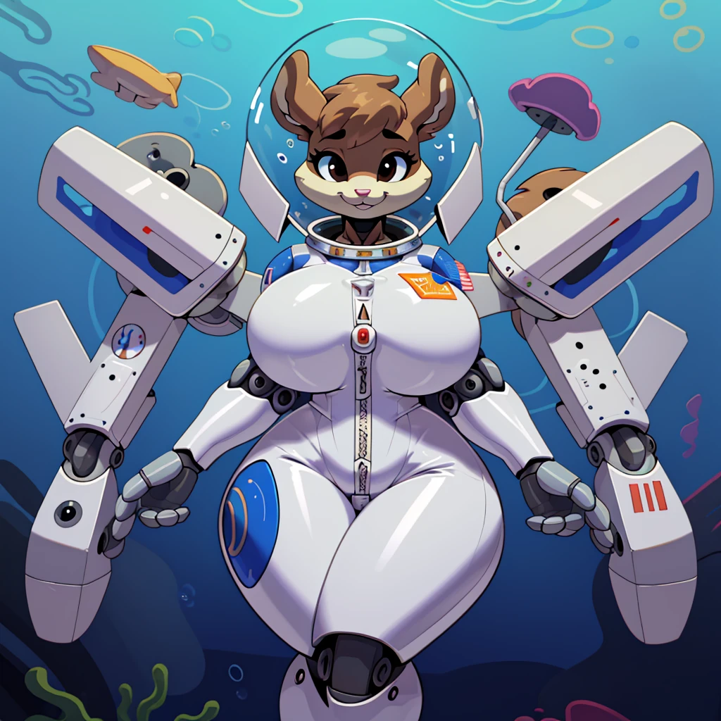 (masterpiece), ((perfect anatomy)), (high Res), (4k), squirrel, huge breast, wide hips, (((astronaut suit))), underwater, happy, ((((mecha artstyle)))), (((solo))), narrow waist, black eyes