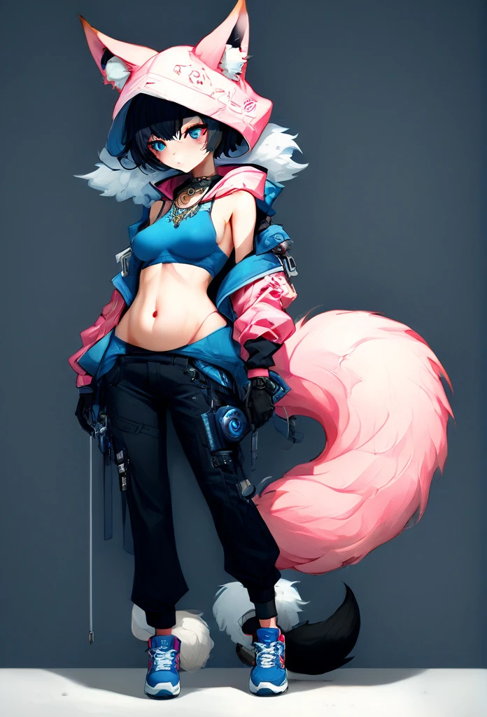 Oh, league of legend, sexy for, wallpapers, detailed eyes, fox ear, (fox tails), a skirt, (long pink fur), medium breasts, Looking at_Shown in_Looking atl espectador, short_Hair, gloves, belly button, fail, Blue_there are eyes, Eternal, full_body, weapon, Footwear, Necklaces, negro_gloves, pulp, hooded, Hair_overcome_Yoon_there are eyes, cultivator_above, hoodie, negro_pants, sneakers, cut_Jacket, cyber punk character, cut_hoodie, ((anatomically perfect:1.5))