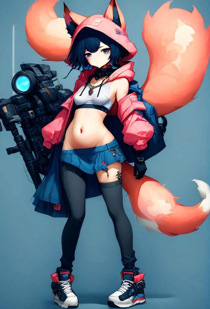 Oh, league of legend, sexy for, wallpapers, detailed eyes, fox ear, (fox tails), a skirt, (long pink fur), medium breasts, Looking at_Shown in_Looking atl espectador, short_Hair, gloves, belly button, fail, Blue_there are eyes, Eternal, full_body, weapon, Footwear, Necklaces, negro_gloves, pulp, hooded, Hair_overcome_Yoon_there are eyes, cultivator_above, hoodie, negro_pants, sneakers, cut_Jacket, cyber punk character, cut_hoodie, ((anatomically perfect:1.5))