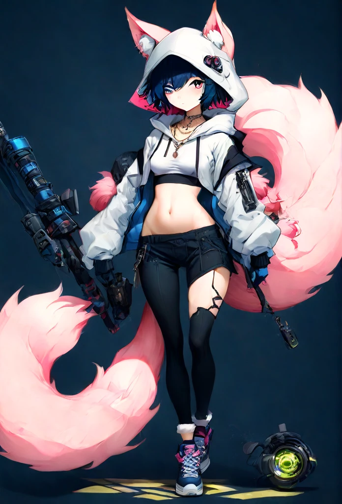 Oh, league of legend, sexy for, wallpapers, detailed eyes, fox ear, (fox tails), a skirt, (long pink fur), medium breasts, Looking at_Shown in_Looking atl espectador, short_Hair, gloves, belly button, fail, Blue_there are eyes, Eternal, full_body, weapon, Footwear, Necklaces, negro_gloves, pulp, hooded, Hair_overcome_Yoon_there are eyes, cultivator_above, hoodie, negro_pants, sneakers, cut_Jacket, cyber punk character, cut_hoodie, ((anatomically perfect:1.5))