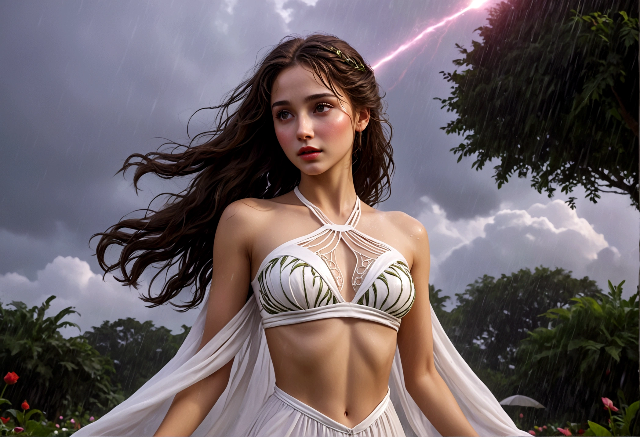 a woman with honeybun hair, beautiful detailed eyes, beautiful detailed lips, extremely detailed face, long eyelashes, wearing a white airy dress, dancing in the rain, in a lush garden on Alderaan, flying sky whales in the background, 1girl, digital art, oil painting, cinematic lighting, warm colors, dramatic, hyperrealistic, 8k, best quality, masterpiece, photorealistic, ultra-detailed