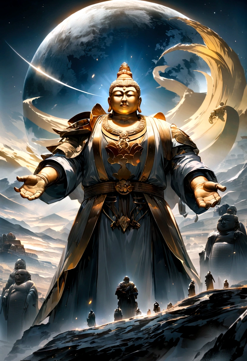 Chinese style，In space, Giant Maitreya Buddha statue stands in space，Gazing at Earth，Standing Buddha statue，The light shines，Glow effect，Pilgrims' Path，Surreal，Ultra-photorealism，real photography，8K，High resolution，high quality，Masterpieces，Ultra-fine，Chinese black and white ink style，（（（White））），Decolorization，Dirt，ink，8K，Ultra-fine，high quality，（（（OC Renderer）））