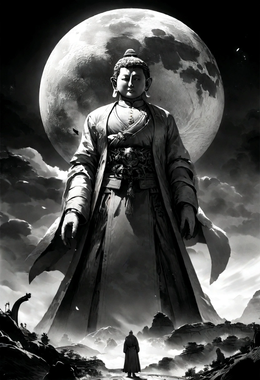 Chinese style,In space, Giant Maitreya Buddha statue stands in space,Gazing at Earth,Standing Buddha statue,The light shines,Glow effect,Pilgrims' Path,Surreal,Ultra-photorealism,real photography,8K,High resolution,high quality,Masterpieces,Ultra-fine,Chinese black and white ink style,(((White))),Decolorization,Dirt,ink,8K,Ultra-fine,high quality,(((OC Renderer)))