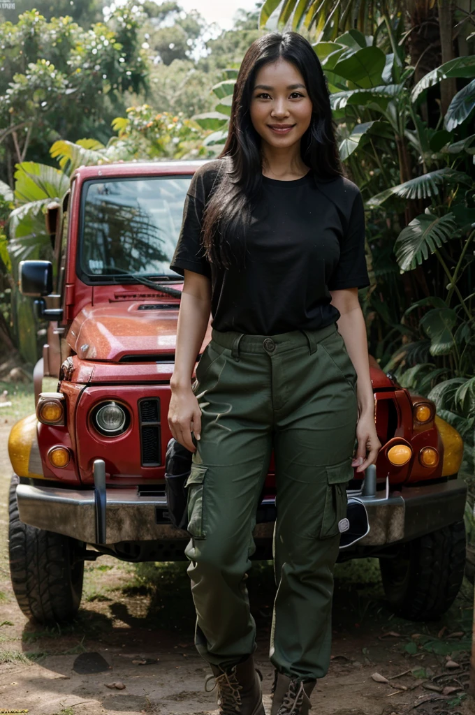 HD PIC, ULTRA REALISTIC, REAL PIC, 8K
real pic, HD pic, 8k
Asian woman, 36 years old, long black hair, wearing a white t-shirt, green cargo pants, boots, smiling expression, standing in front of a red jeep, jungle background, humid
HD pic, ultra realistic, 8k, very realistic