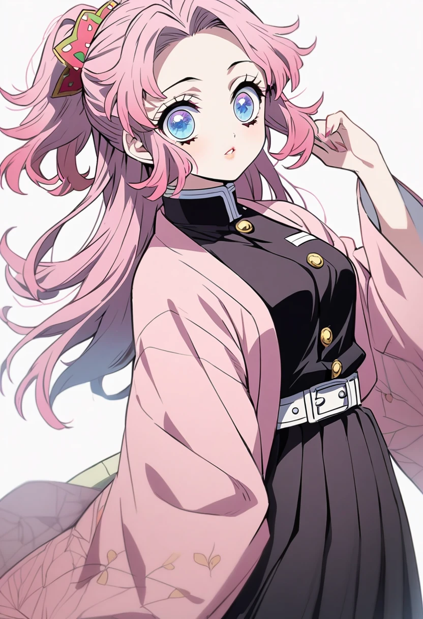 An anime style girl from Kimetsu no Yaiba with fair skin, blue eyes and long pink hair. She has her demon slayer uniform with a pink haori and has a uniform neckline and a skirt..
