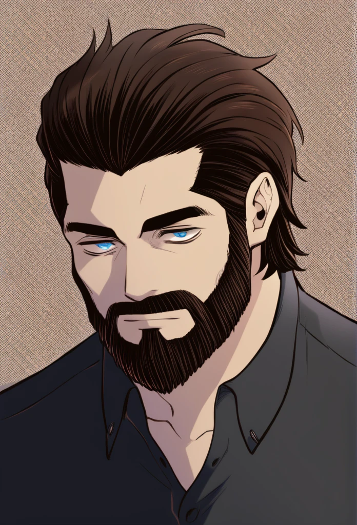 A man with a beard and blue eyes and dark hair in a shirt foreground