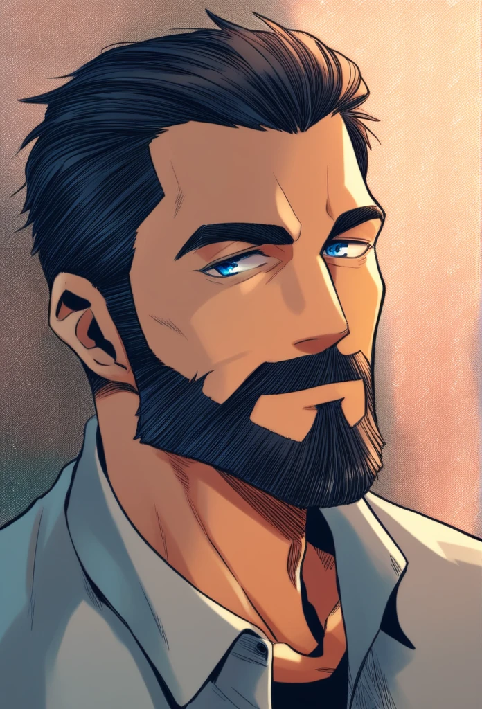 A man with a beard and blue eyes and dark hair in a shirt foreground