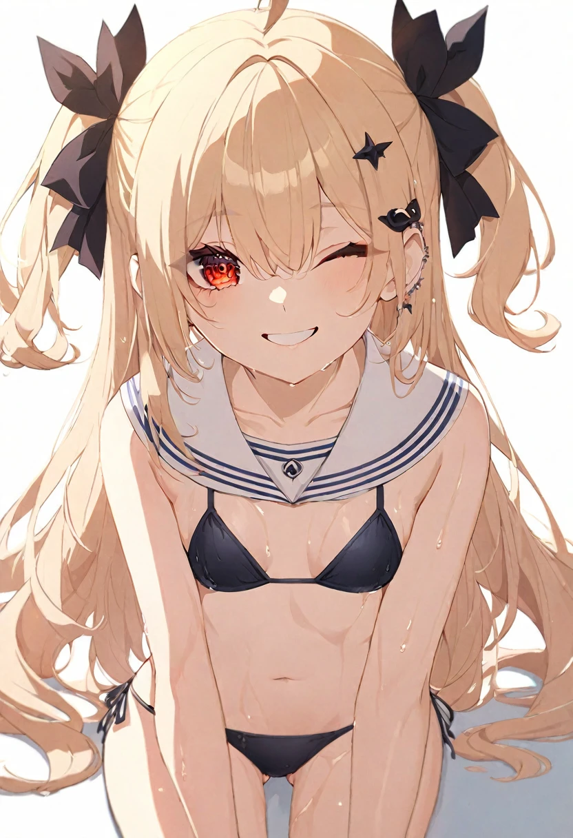 (muste piece), (best quality), very detailed eyes, expressive eyes, perfect face, very detailed face, highly detailed face, beautiful girl, 8K, beautiful girl, white background, delicate and beautiful face and eyes, dark intense shadow,
1 girl, vtuber style, cool girl, hololive, kanadeyj, long hair, one side up, hair ribbon, hair ornament, ahoge, red eyes, top-sailor, sailor bikini, string bikini, small chest, cropped shoulders, clavicle, wet body, one eye close winking, smile, body visible through clothes, chest visible through clothes, ass visible through thighs, (full body), barefoot, naked thighs, sitting, open legs wide,