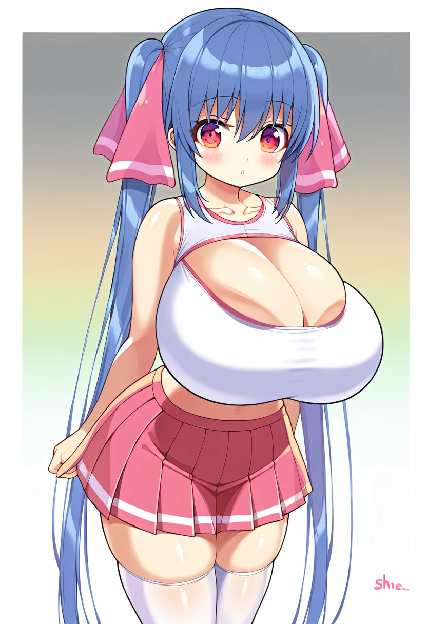 score_9, score_8_up, score_7_up, score_6_up, score_5_up, score_4_up,
(gradient background:1.15), white border,
refraction, caustics, rim lights, backlighting, bloom,
BREAK
source_anime, sky,
BREAK
1girl, bare shoulders, blue hair, huge breasts, cleavage, looking at viewer, miniskirt, red eyes, shortstack, skirt, solo, thighhighs, twintails, blush, bangs, ribbon, hair between eyes, very long hair, hair ribbon, white crop top, pleated skirt, sleeveless, pink ribbon, standing, looking at viewer, pink skirt, crop top