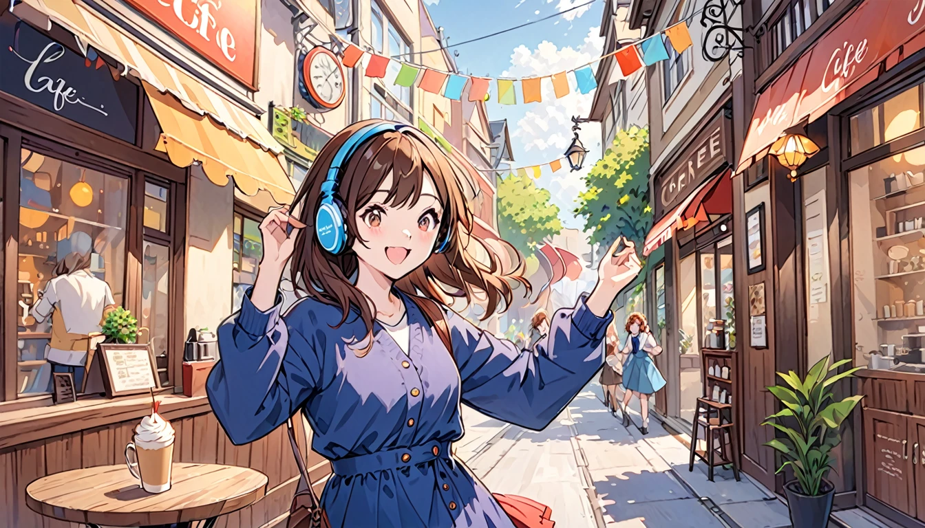 Girl wearing headphones,Brown Hair,One girl,fun,bright,jazz,The background is a cafe