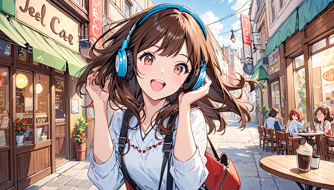 Girl wearing headphones,Brown Hair,One girl,fun,bright,jazz,The background is a cafe