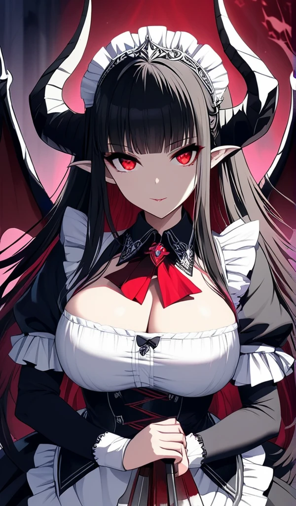 Masterpiece, very detailed, ultra detailed, one, (1 woman), Photo of a woman in a maid costume with detailed killing knives in her hands, beautiful vampire queen, beautiful vampire female queen, with charming eyes, blood red eyes, long black straight hair and straight bangs, with huge breast, she’s With demonic horns and dragon wings, around her magic of darkness, vampire, beautiful charming anime woman, ((beautiful fantasy empress)), beautiful female vampire