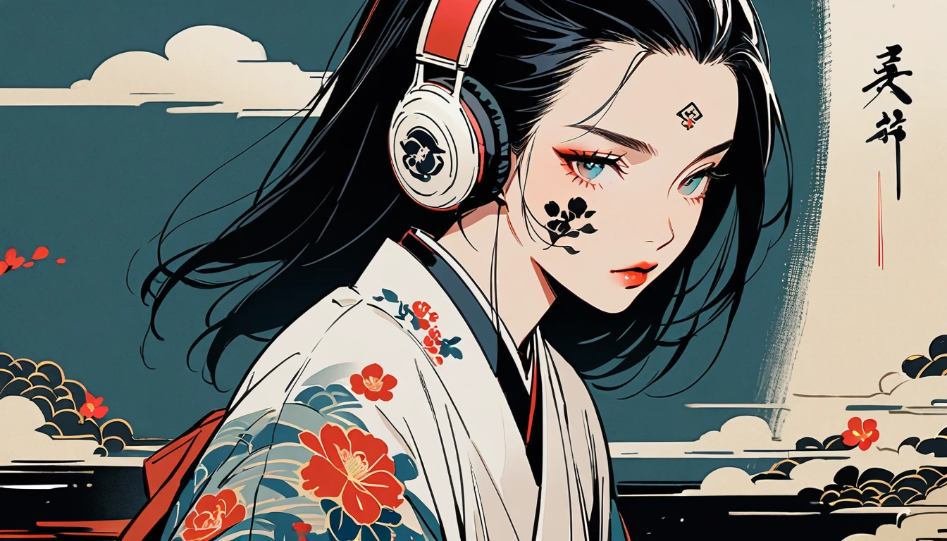 Ink Painting, (((1 girl))), (((Tattoo on face))), Japanese style headphones, beautiful girl, Black Hair, Delicate and precise, Modern ukiyo-e style, Darkness