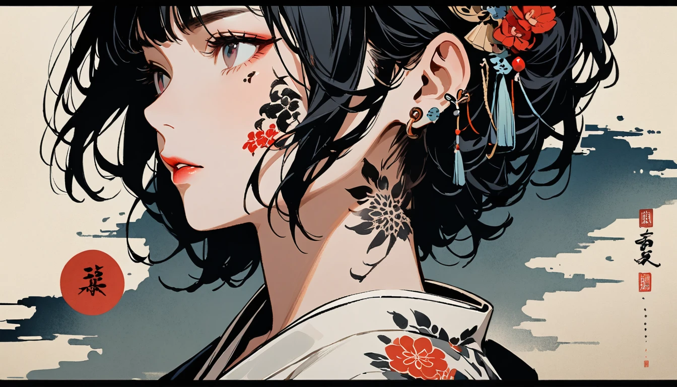 Ink Painting, (((1 girl))), (((Tattoo on face))), Japanese style headphones, beautiful girl, Black Hair, Delicate and precise, Modern ukiyo-e style, Darkness