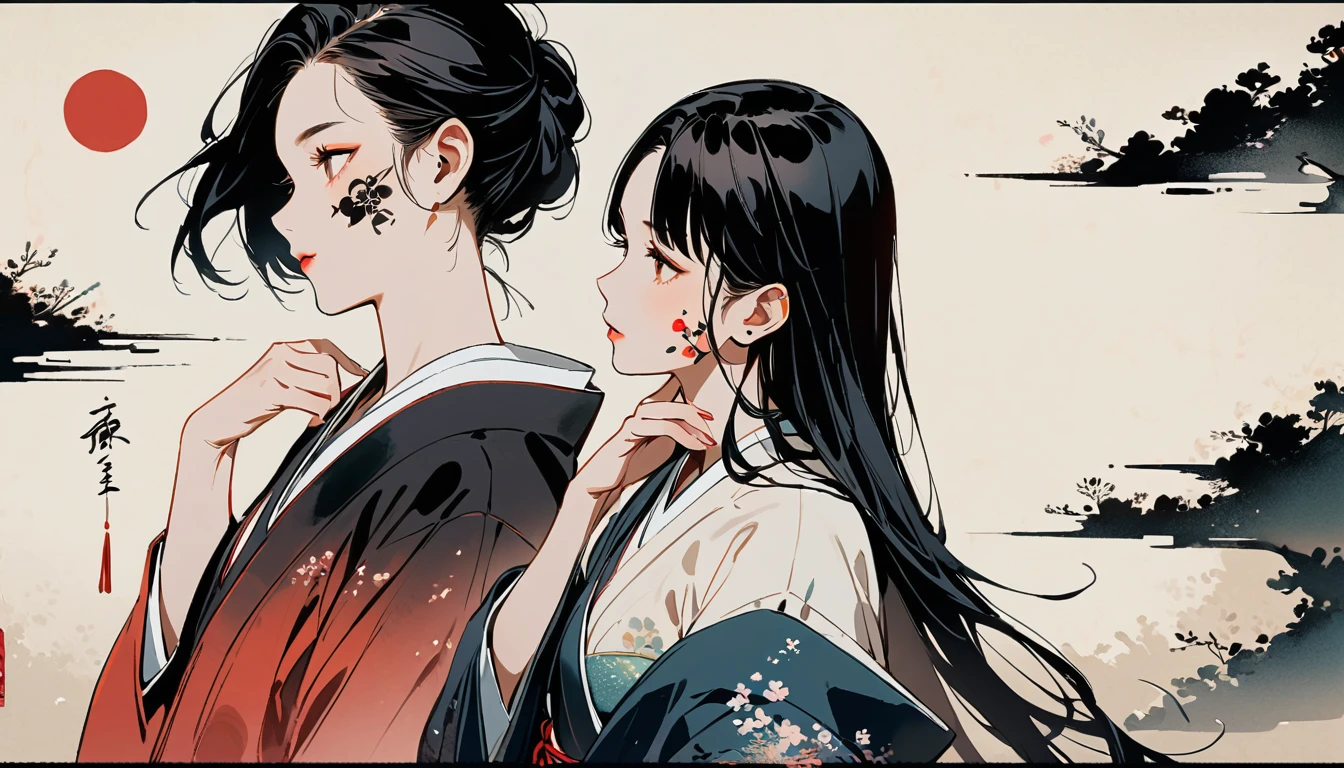 Ink Painting, (((1 girl))), (((Tattoo on face))), Japanese style headphones, beautiful girl, Black Hair, Delicate and precise, Modern ukiyo-e style, Darkness