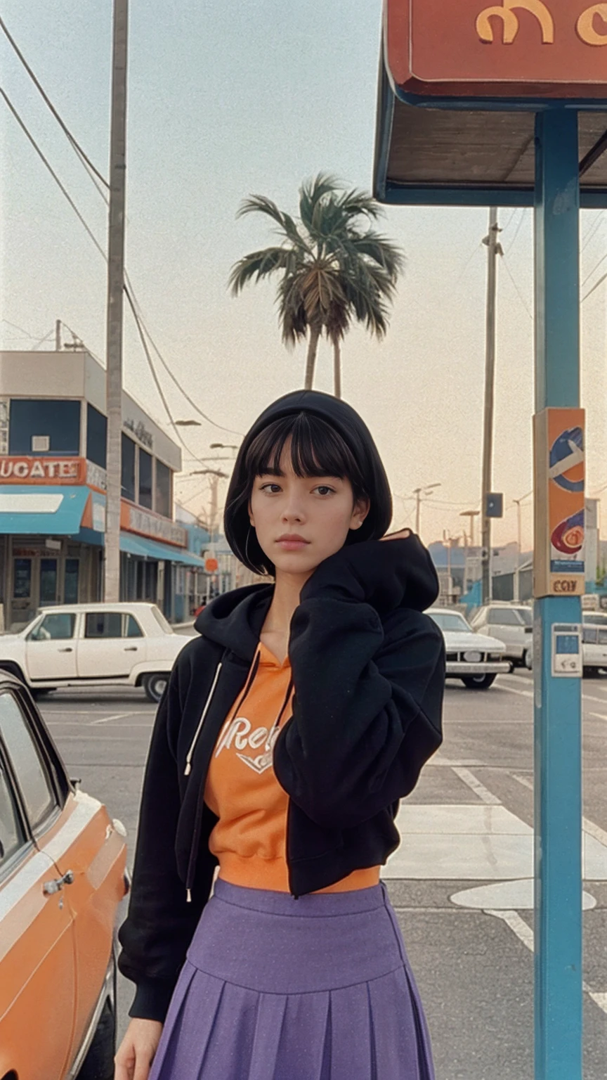 ((long shot photography)) ((best quality)), ((masterpiece)), (ultra detailed face), perfect beautiful face,perfect nose,perfect eyes, perfect lips kodak gold 200 fisheye-8mmlens-v2exp ,25 yo cute korean, ((busty perfect body)) perfect face, 35mm film,((black bob hairstyles)) ((color orange oversized_hoodie no sleeve)), ((purple tennis skirt)), white Reebok sneakers, 4k, 8k, ultra highres, raw photo in hdr, sharp focus, intricate texture,realistic, detailed facial features, highly detailed face, posingpolaroid film, found footage, retro,90's,80's, photo noise, old photo, retro, masterpiece, raw photo, 8k film photo, old, noisy photo, loooking of the camera, casual photo, grain photo, VHS footage, VHS look, chromatic aberration( low chromatic aberration), film footage, grainy photo, dirty photo, posing, retro photo, vintage photo, old, background standing pose on (90's gas station) ,palm trees, blue sky, summer, los angles vibes
